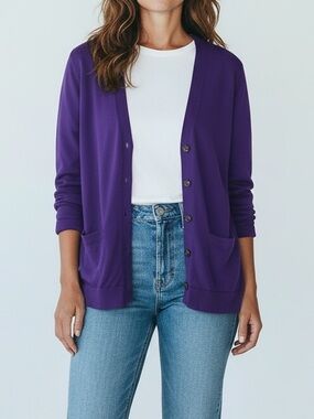 Lauren Ralph Lauren Deep Purple V-Neck Button Cardigan